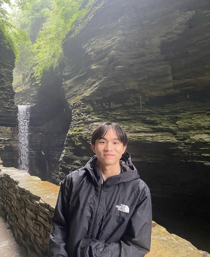 By a waterfall in a slate gorge